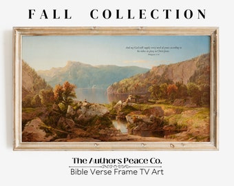 Fall Frame TV Art, Philippians 4:19 Bible Verse Holiday Thanksgiving Decor, Vintage Landscape Oil Painting, Christian Digital Art Download
