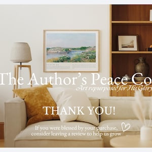 May include: A living room scene with a beige sofa, throw pillows, and a framed landscape art print. The text "The Author's Peace Co." and "THANK YOU!" are visible. A wooden bookshelf and a lamp are also in the image.