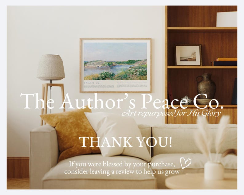May include: A living room scene with a beige sofa, throw pillows, and a framed landscape art print. The text "The Author's Peace Co." and "THANK YOU!" are visible. A wooden bookshelf and a lamp are also in the image.