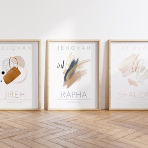 Bible Verse Wall Art Set of 3, Names of God Christian Art, Jehovah Jireh, Rapha, Shalom, Instant Scripture Digital Print, Modern Home Decor