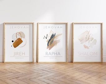 Bible Verse Wall Art Set of 3, Names of God Christian Art, Jehovah Jireh, Rapha, Shalom, Instant Scripture Digital Print, Modern Home Decor