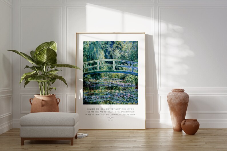 Considere el arte de pared imprimible de los lirios, impresión vintage de Monet, impresión de arte cristiano, cita del versículo bíblico de Lucas 12:27, descarga de arte digital imagen 2