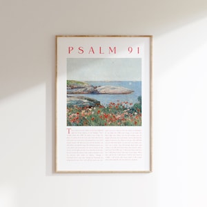 May include: A framed print of Psalm 91 with a watercolor painting of a seascape with a rocky shore and a small boat in the distance. The text of Psalm 91 is printed below the painting.
