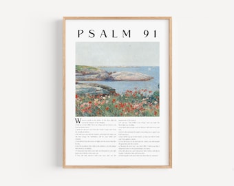 Psalm 91 Wall Art, Bible Verse Poster for Christians, Vintage Scripture Print, Poppy Field Impressionism Printable, Faith Home Decor