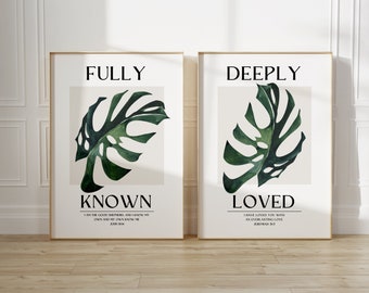 Fully Known, Deeply Loved Christian Wall Art Set of 2, Jeremiah 31:3 Scripture Wall Art, John 10 Bible Verse Print, Modern Christian Home