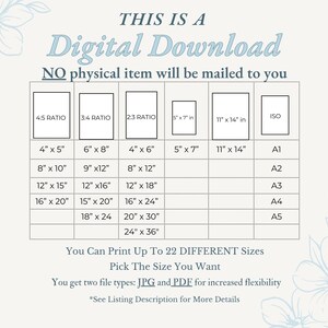 May include: A digital download graphic with a light blue floral design. The image lists various print sizes in inches, including 4x5, 6x8, 8x10, 9x12, 12x15, 12x16, 16x20, 15x20, 16x24, 18x24, 20x30, and 24x36.