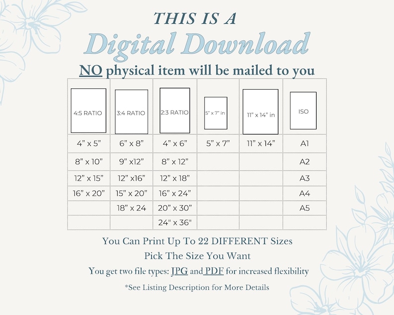 May include: A digital download graphic with a light blue floral design. The image lists various print sizes in inches, including 4x5, 6x8, 8x10, 9x12, 12x15, 12x16, 16x20, 15x20, 16x24, 18x24, 20x30, and 24x36.