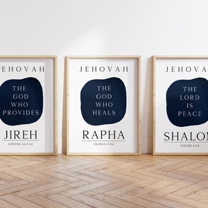 Names of God Christian Wall Art Set of 3, Jehovah Jireh Rapha Shalom Scripture Wall Art, Modern Christian Home Decor, Navy Blue Print