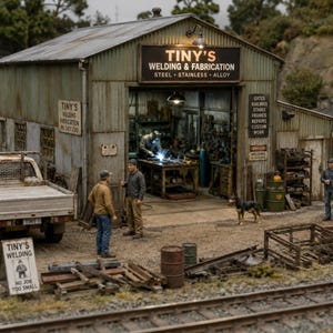 May include: A miniature diorama of Tiny's Welding & Fabrication shop featuring a corrugated metal building, a white pickup truck, and several figures. The sign reads Tiny's Welding & Fabrication Steel Stainless Alloy. A small sign says Tiny's Welding No Job Too Small.