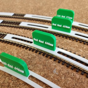 May include: Model train track with white plastic guides and green markers. The markers display measurements in millimeters, including "1st Rad 371mm", "2nd Rad 450mm", and "3rd Rad 605mm". The tracks have brass rails and are set on a brown surface.