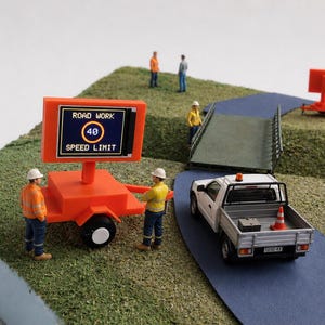 以下が含まれることがあります： 青い道路上の白いピックアップトラックと、ROAD WORK 40 SPEED LIMITと書かれたオレンジ色の移動式道路工事標識を特徴とするミニチュアジオラマ。高視認性ウェアを着た数体の小さなフィギュアが標識の近くに立っている。