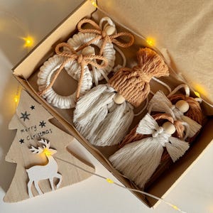 Christmas Ornament Set, Macrame Boho Holiday Decor, Handmade Secret Santa Gift