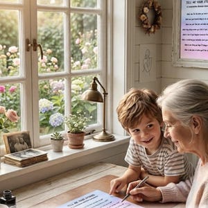 Könnte beinhalten: Ein helles Blatt Papier mit der Überschrift Tell Me Your Stories und gedruckten Fragen, ein silberner Stift, ein Stapel alter Fotos, eine kleine Topfpflanze und eine Schreibtischlampe aus Messing auf einem hölzernen Fensterbrett.