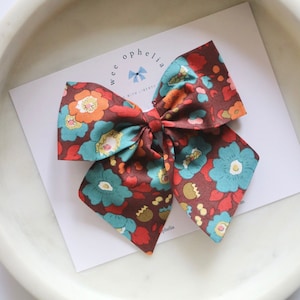 Liberty London Fabric Long Tail Bow, Liberty Fabric Hair Bow, Hair Clip in Betsy Meadow Print, Floral Bow, Girls Bow, Toddler Bow