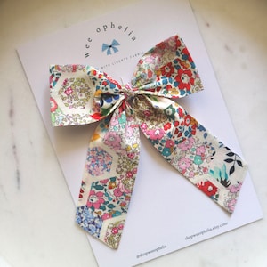 Liberty London Fabric Longtail Bow in Patchwork Stories Print, Liberty Fabric Girls' Hair Accessory, Toddler Floral Hair Clip, Large Kid Bow