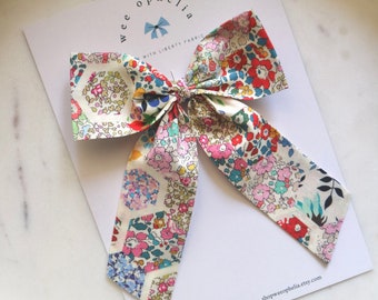 Liberty London Fabric Longtail Bow in Patchwork Stories Print, Liberty Fabric Girls' Hair Accessory, Toddler Floral Hair Clip, Large Kid Bow