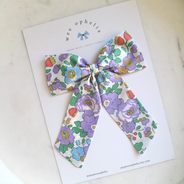 Liberty London Fabric Long Tail Bow in Betsy Lavender Print, Liberty Fabric Hair Bow, Hair Clip, Floral Hair Bow, Girls Bow, Toddler Bow