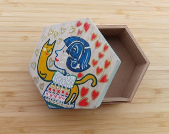 the girl and the cat . Artistic handmade painted box . wooden box, jewelry box