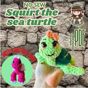May include: A crochet pattern for a green sea turtle with a pink bow. The pattern is called "Squirt the Sea Turtle" and includes a tortoise mod. The pattern is a digital download and is available in PDF format.