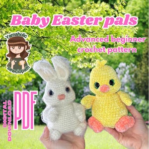 May include: A crochet pattern for making a baby bunny and chick. The pattern is called "Baby Easter Pals" and is described as an advanced beginner crochet pattern. The pattern is available as a digital PDF download.