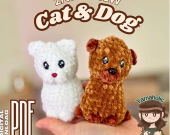 May include: A digital download PDF pattern for crocheting a cat and dog. The pattern is titled "2N1 NO SEW Cat & Dog". The image shows a white crocheted cat and a brown crocheted dog.