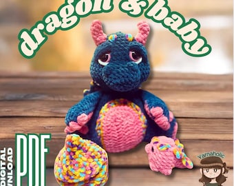 May include: A crochet pattern for a blue and pink dragon and baby dragon. The pattern is available as a digital download in PDF format. The text "MOMMA dragon & baby PDF DIGITAL DOWNLOAD" is visible in the image.