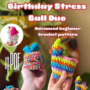 Puede incluir: Un patrón de crochet para un dúo de pelotas anti estrés de cumpleaños. El patrón incluye un unicornio y una piñata. El patrón es para principiantes avanzados. El patrón es una descarga digital.