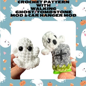 May include: Crochet pattern for a mini graveyard set with a walking ghost and tombstone. The pattern includes instructions for making a car hanger mod.  The image shows a white crocheted ghost and a gray crocheted tombstone with a green base.