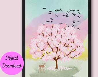 Japanese Cherry Blossom Tree, DIGITAL DOWNLOAD, Unique Deer Wall Art, Wild Deer Forest Print, Landscape Print, Bedroom Decor, Watercolor