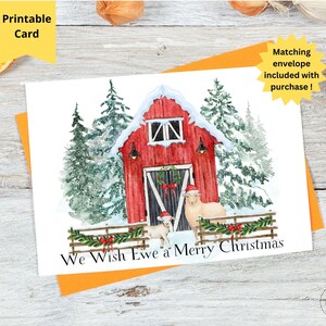 Wir wünschen Ewe frohe Weihnachten, Schaf-Wortspiel-Weihnachtskarte, Landhaus-Weihnachtskarte, Weihnachtskarte von der Familie, Gehöft-Weihnachtsgeschenk