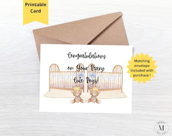 Kaart tweelingjongens babyshower, kaart schattige beer babyshower, kaart tweeling moeder, kaart tweelingouders, kaart grappige aanstaande ouders, wenskaart 7 x 5
