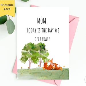 Cartão de Dia das Mães para impressão, Cartão Woodland Fox para Mãe, Cartão Sentimental de Dia das Mães, Presentes exclusivos de Dia das Mães, cartão de felicitações 5x7