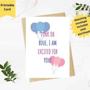 Carte de révélation de genre, cadeau pour les futurs parents, carte imprimable rose ou bleu, je suis impatient de vous voir, idées uniques de révélation de genre, téléchargement immédiat 5 x 7