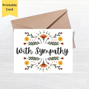 Carte de condoléances imprimable avec bordure florale avec carte de condoléances, téléchargement immédiat, carte de condoléances pour deuil, carte de 7 x 5 pouces