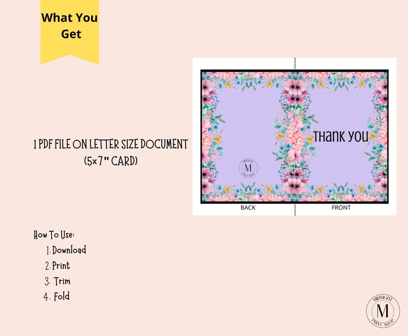 Floral Thank You Card, Watercolor Floral Thank You Card Printable, 5x7 ...