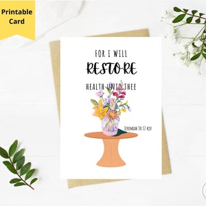 以下が含まれることがあります： 花柄のイラストと「For I will restore health unto thee. Jeremiah 30:17 KJV」というテキストが書かれた印刷可能なカードです。