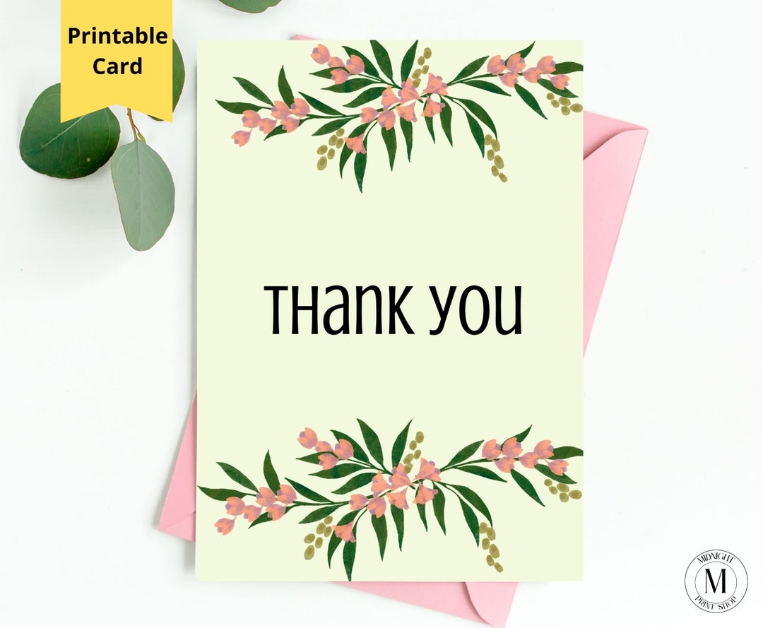 Printable Thank You Card, Green Watercolor Floral Thank You Card Digital Download, 5x7 Inch Pdf