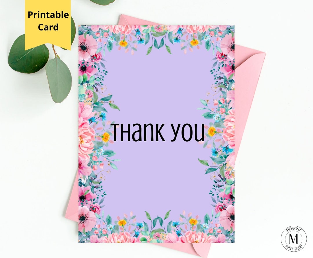 Floral Thank You Card, Watercolor Floral Thank You Card Printable, 5x7 ...