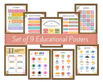 May include: Set of nine educational posters for a classroom. The posters feature colorful illustrations and text, including the alphabet, numbers, days of the week, months of the year, classroom roles, colors, shapes, and weather.