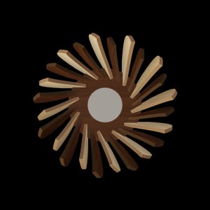 May include: A round wooden mirror with a sunburst design. The mirror's frame is made of alternating light and dark brown wooden pieces radiating from a central, circular mirror. The background is black.