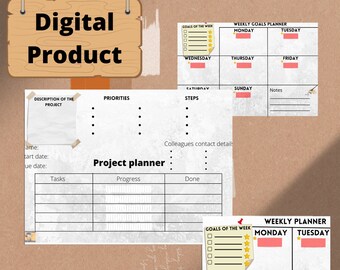 May include: A printable digital planner with a brown background. The planner includes sections for weekly goals, project planning, and revision progress. The planner is designed for A4 size paper.