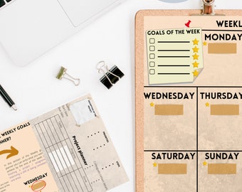 May include: A digital printable weekly planner with a corkboard background. The planner includes sections for goals of the week, project planner, and daily tasks. The planner also includes a section for notes and a section for reflecting on the week.
