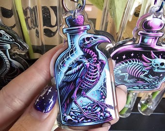 Neon Raven "Death XIII"- Double-Sided Epoxy Keychain with iridescent heart clasp, 2.5 inches