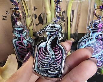Snake- Double-Sided Epoxy Keychain with iridescent heart clasp, 2.5 inches