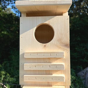 May include: A natural wood birdhouse with a circular entry hole and three wooden perches. The birdhouse has a sloped roof and is mounted on a wooden post. The birdhouse is made of unfinished wood.