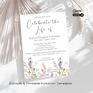 Invitación a la celebración de la vida, anuncio de funeral, plantilla de servicio conmemorativo editable, invitación conmemorativa, evita funeral, invitación al funeral