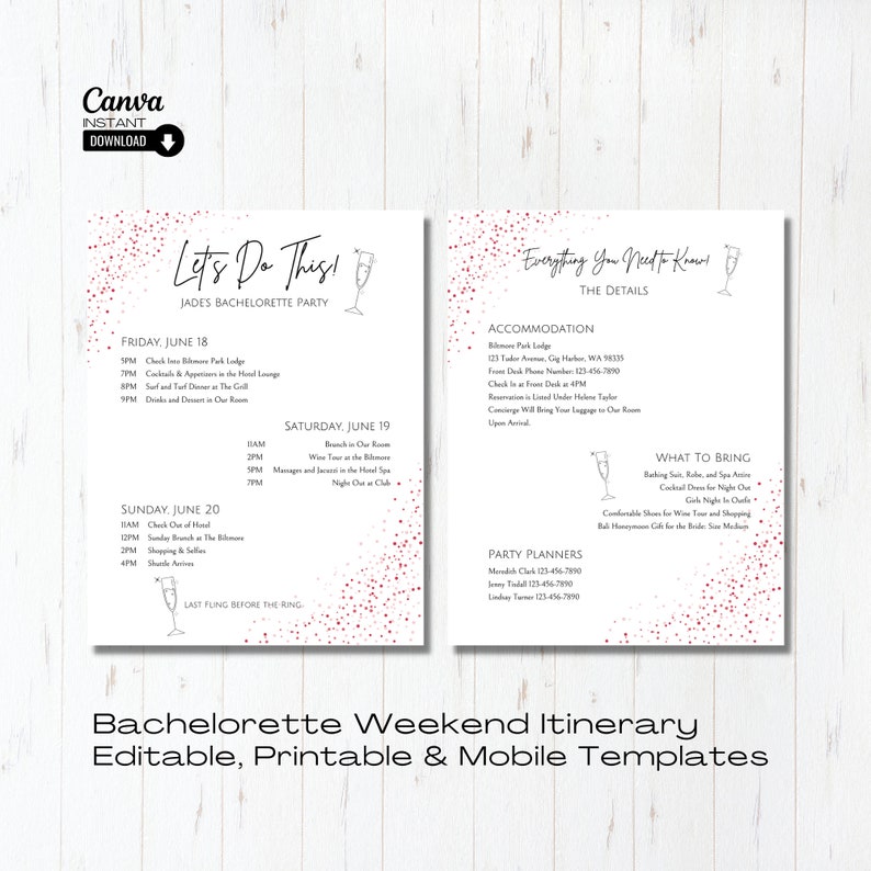 Printable Bachelorette Party Itinerary Template, Printable Bachelorette ...