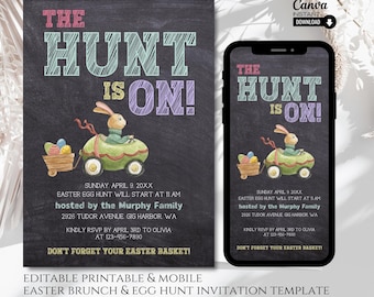 Editable Easter Egg Hunt Invitation: Watercolor Bunny (Printable & Mobile)