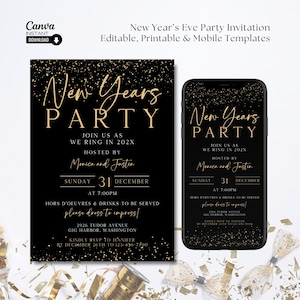 Bearbeitbare Silvesterparty-Einladung: Schwarz und Gold (Instant Download)