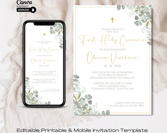 Peut inclure: Modèle d'invitation imprimable et mobile éditable pour une Première Communion. L'invitation présente une croix dorée, des feuilles d'eucalyptus vertes et le texte "Première Communion de notre fille Olivia Vivienne 06.10.202X".